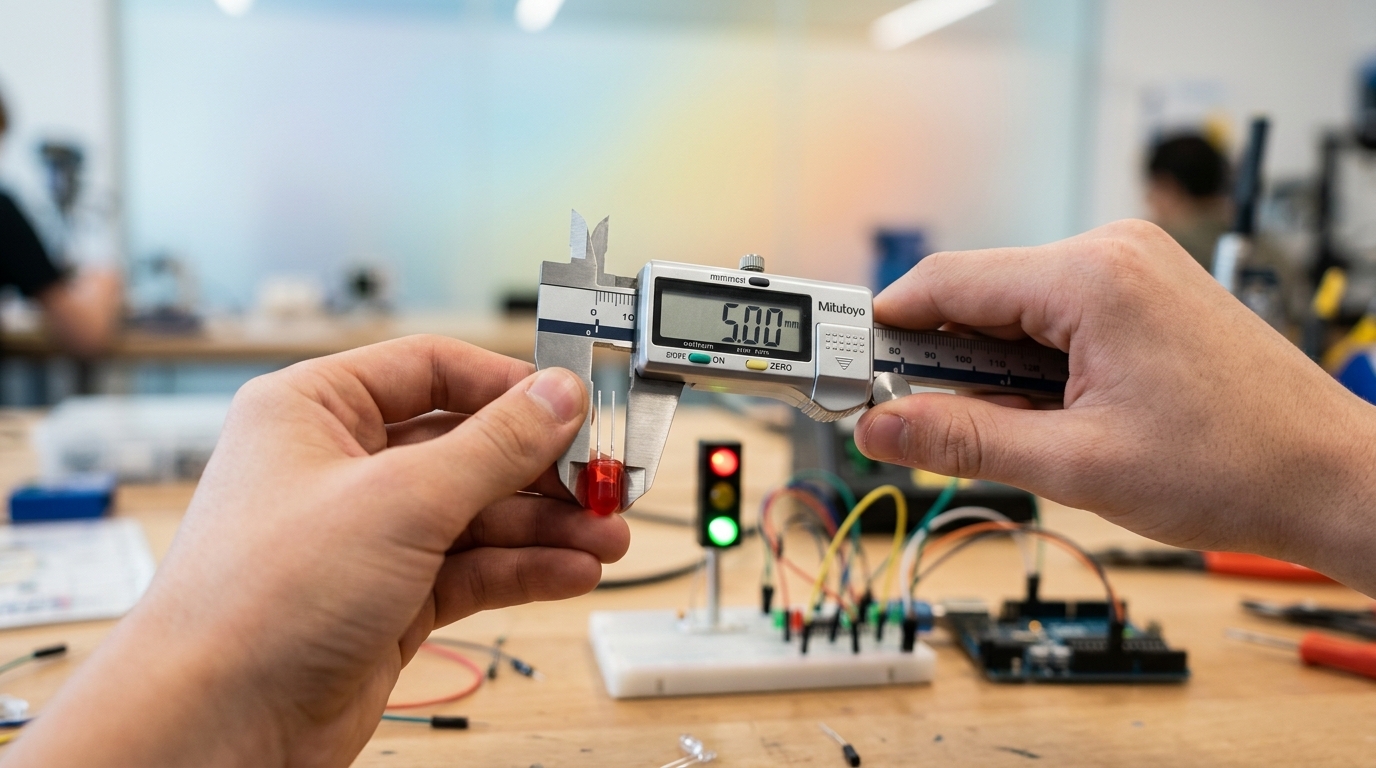 Opmeten voor de behuizing: de LED-kop is exact 5,0 mm — het gat wordt dus 5,3 mm