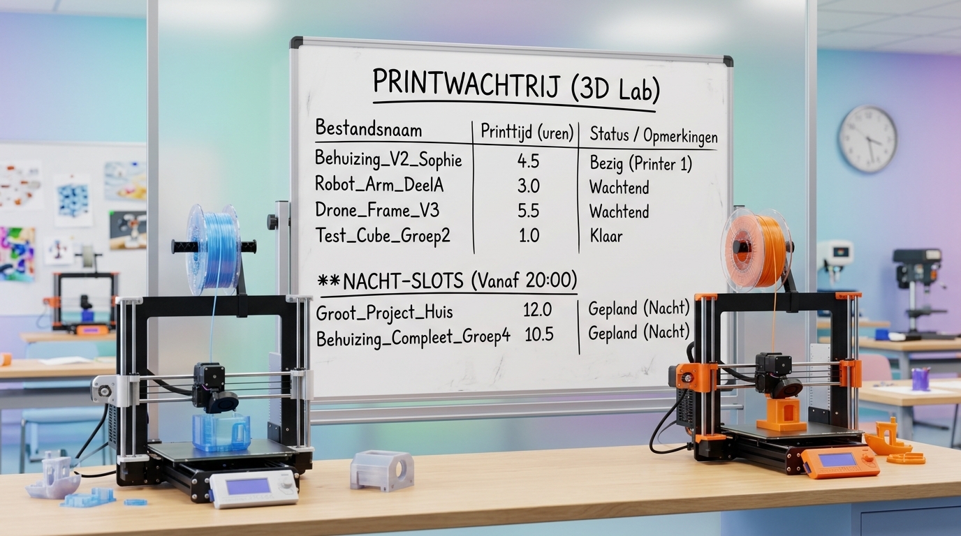 De printwachtrij: bestandsnamen, printtijden en de nacht-slots op het bord