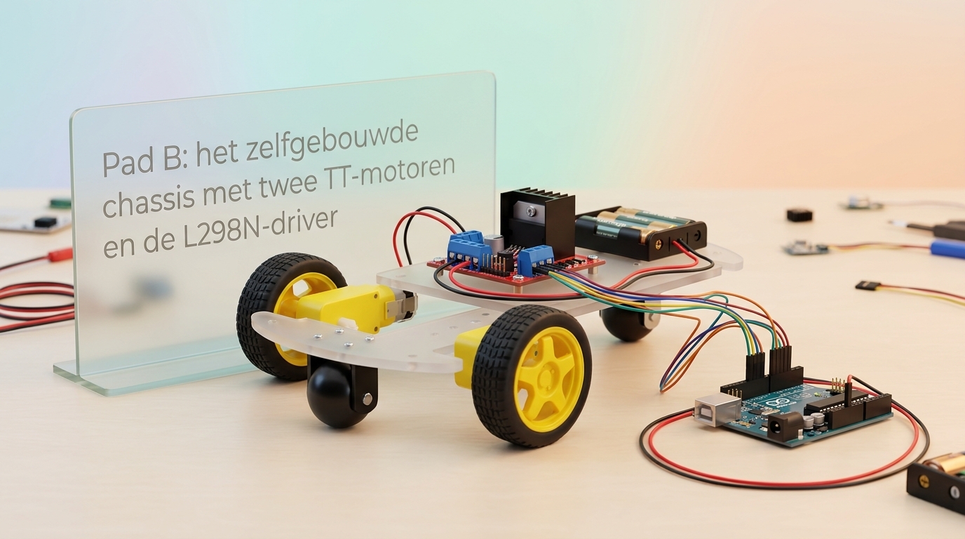 Pad B: het zelfgebouwde chassis met twee TT-motoren en de L298N-driver