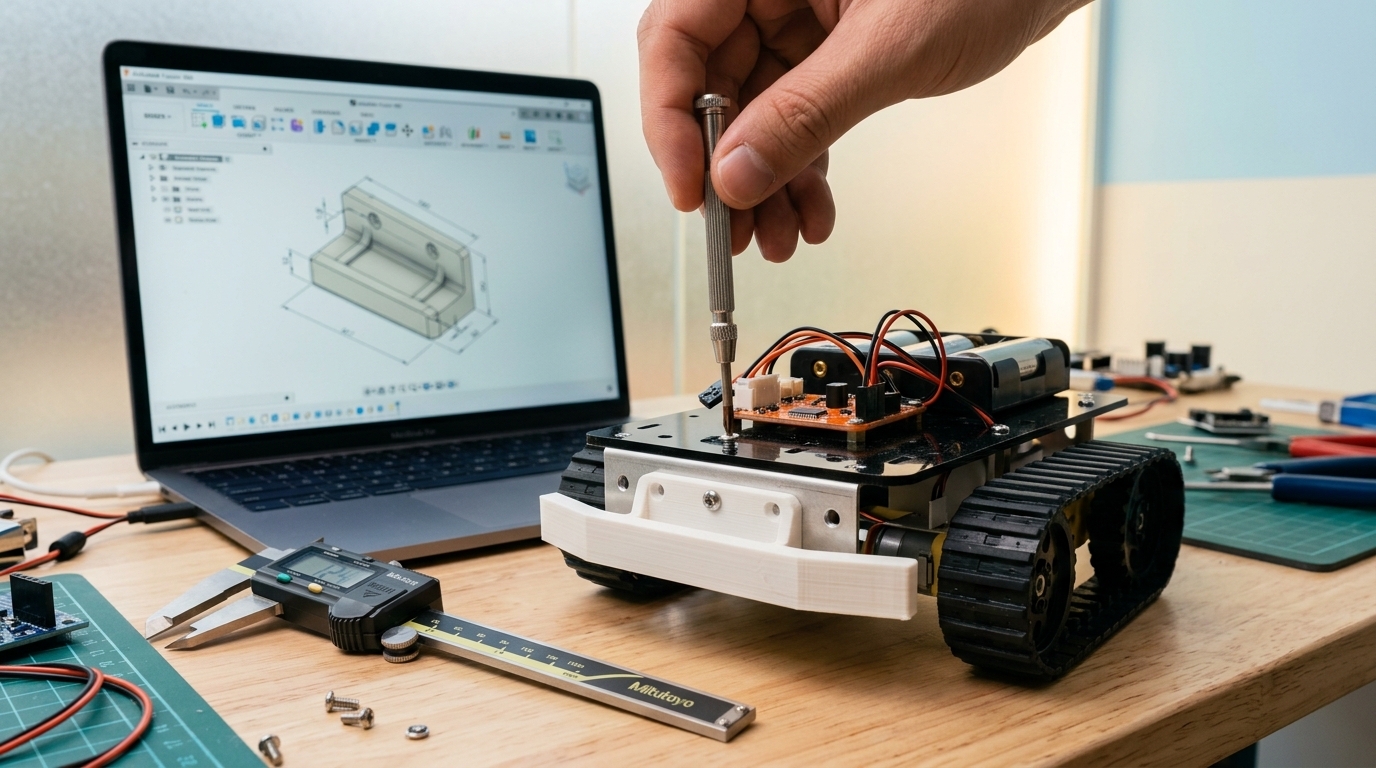 Het geprinte accessoire gemonteerd op het chassis — schroefgat en al