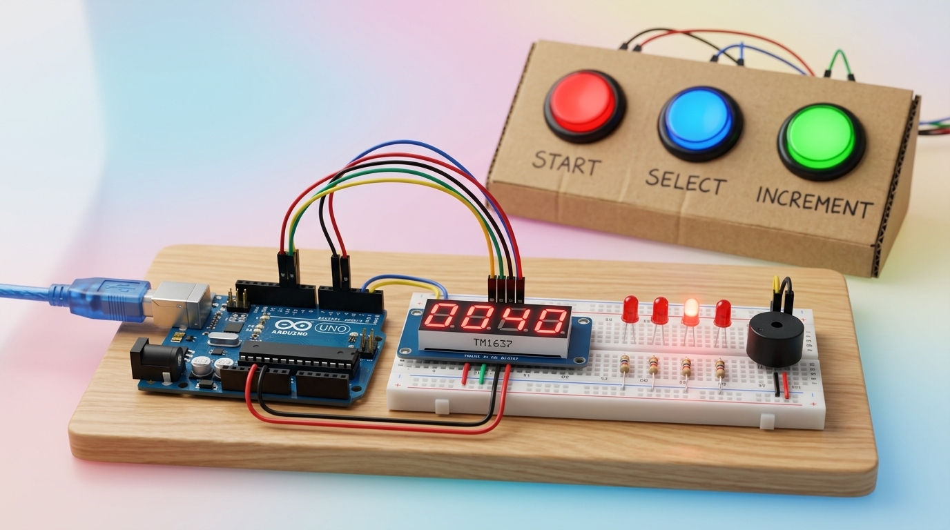Doelbeeld: TM1637-scorebord met LED-looplicht en buzzer op het testplankje