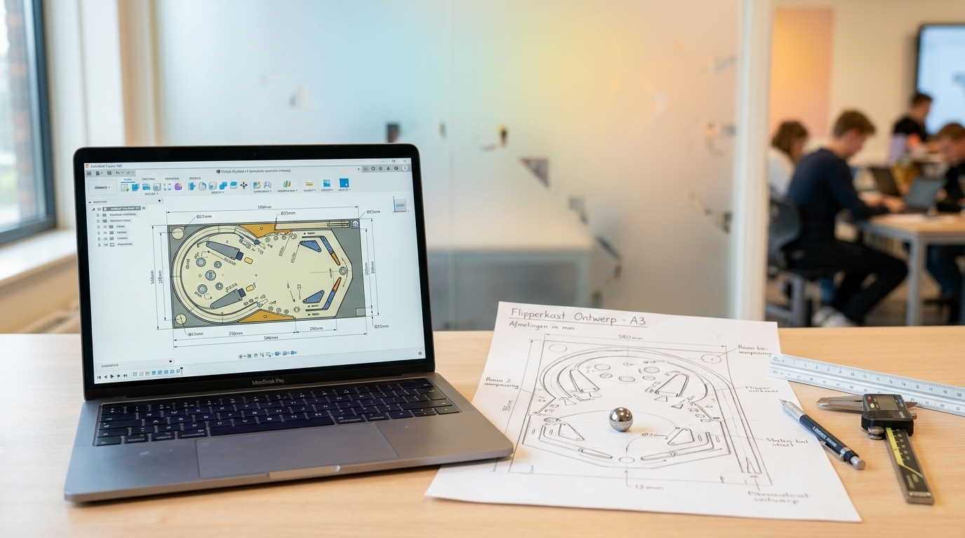 Doelbeeld: het bemaatde speelveld-ontwerp in Fusion naast de A3-schets