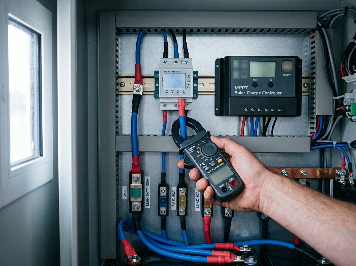 De energiemeter telt wattuur; het vermogen dat nu door de kabel gaat, is de helling van die telling.
