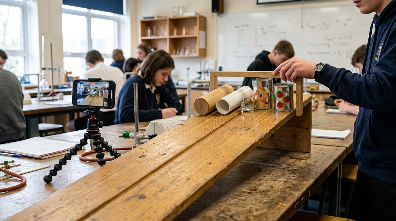 Vijf voorwerpen, één helling: wie het eerst beneden is, hangt alleen af van hoe de massa verdeeld is.