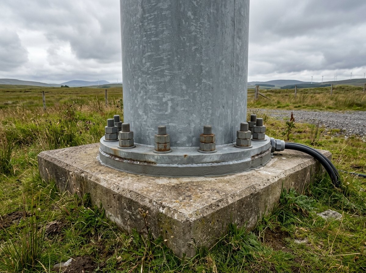 De voet van de mast: flens, ankerbouten en fundering. Hier is het buigmoment het grootst.