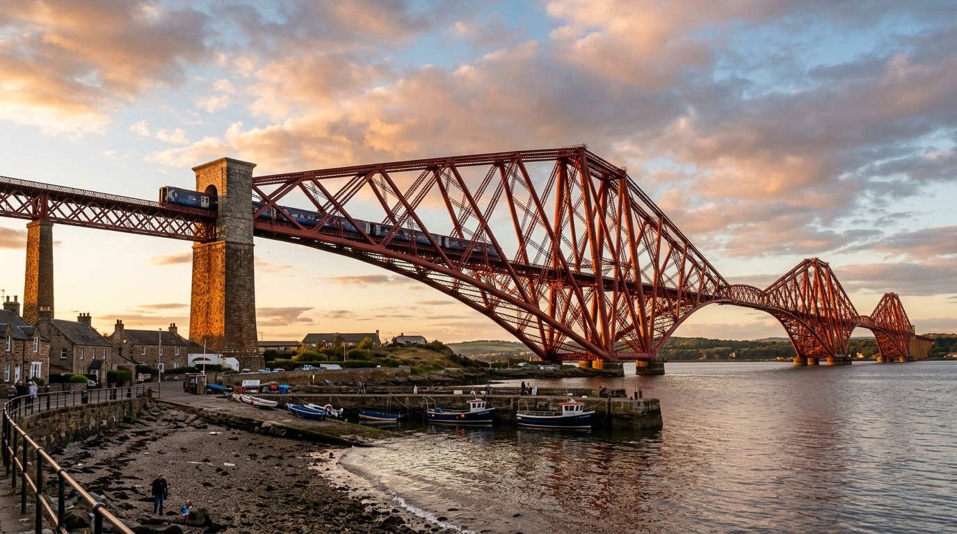 De Forth Bridge: dikke buizen voor druk, lichte vakwerkliggers voor trek.