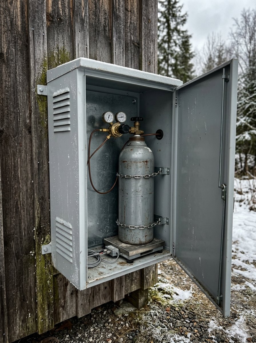 De CO₂-fles staat buiten in de schaduw, op een weegcel: het gewicht vertelt hoeveel er nog in zit.