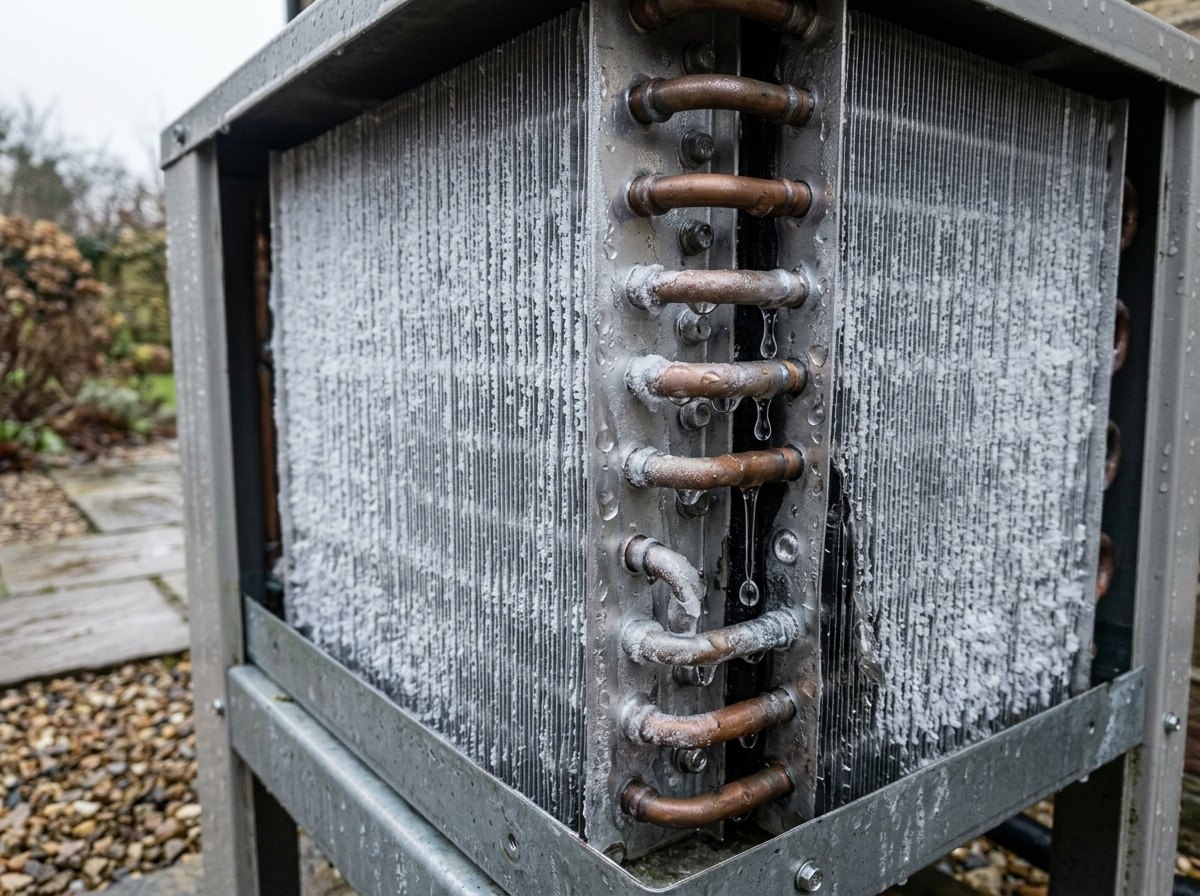 Rijp op de lamellen van de verdamper: bij 0 à 5 °C en vochtig weer groeit het snel aan, en moet de warmtepomp ontdooien.