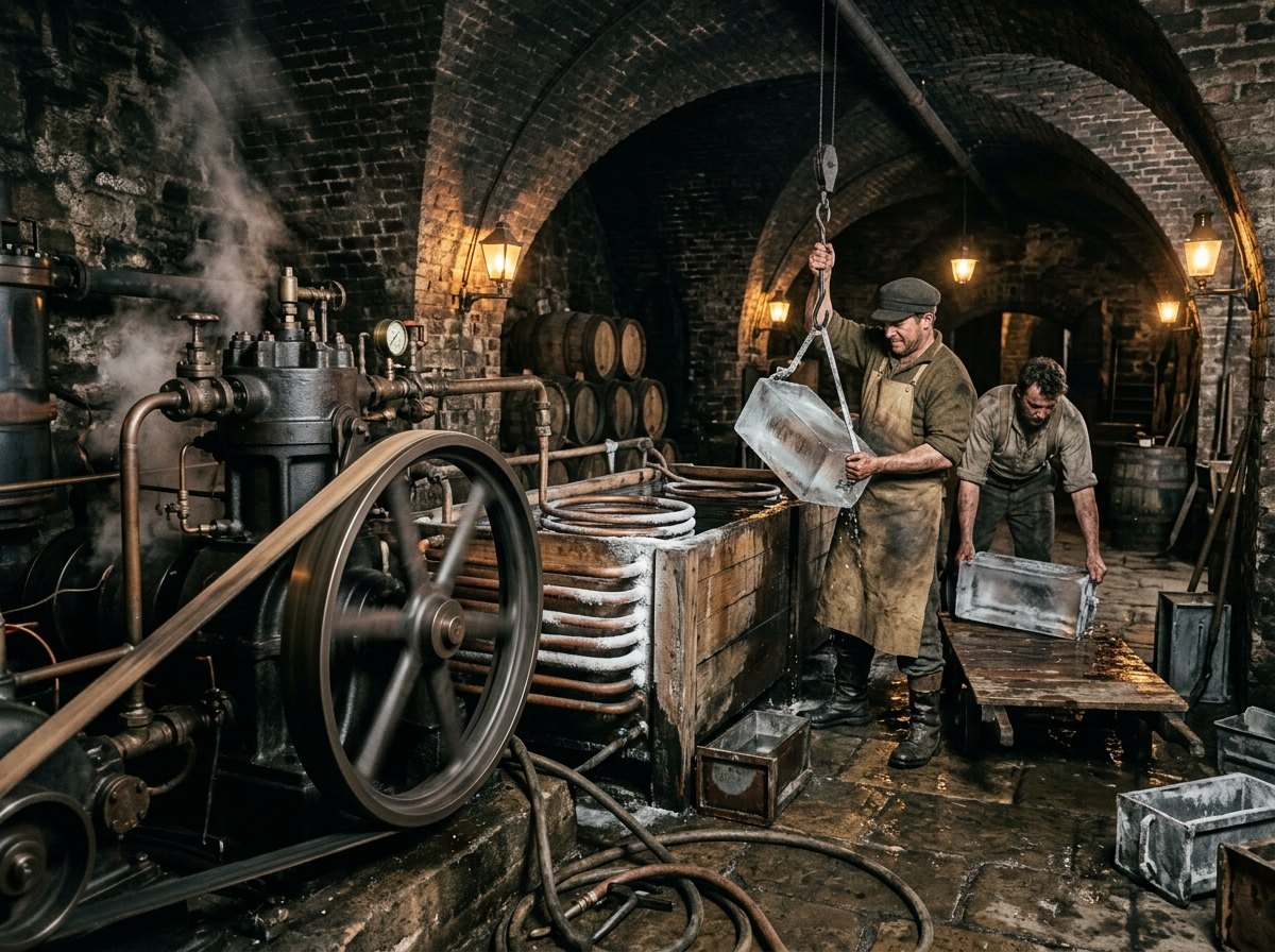 De eerste koelmachines maakten ijs voor brouwerijen en slachthuizen; het principe is dat van elke warmtepomp vandaag.