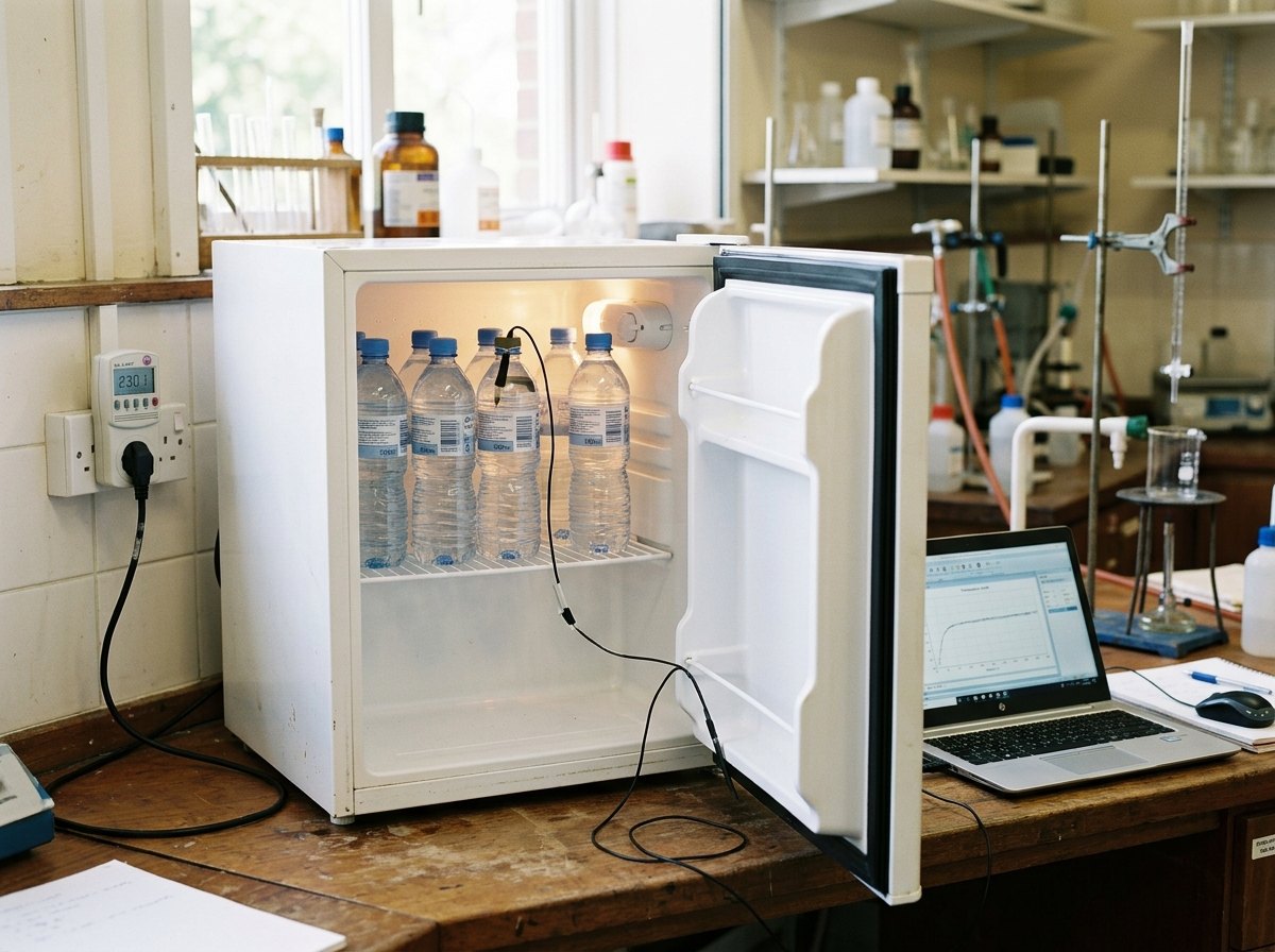 Water afkoelen in een koelkast en het stroomverbruik meten: zo meet je de COP van koelen.