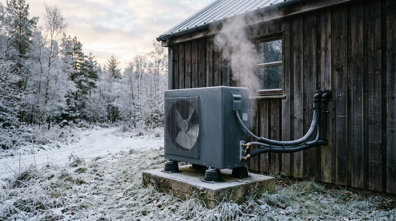 Een buitenunit haalt warmte uit lucht van −5 °C en brengt ze op 35 °C in het verwarmingswater van het station.