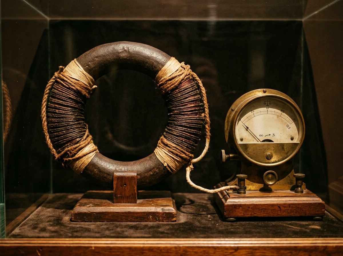 Een ijzeren ring met twee spoelen: alleen bij het in- en uitschakelen gaf de tweede spoel stroom.