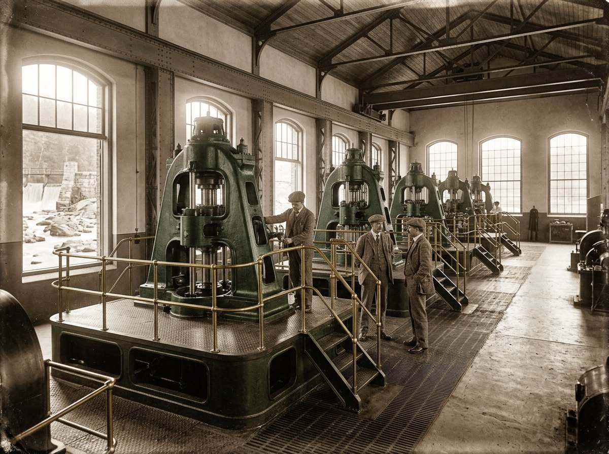 Rond 1895 draaiden de eerste grote wisselstroomgeneratoren op waterkracht; hun stroom reisde tientallen kilometer ver.