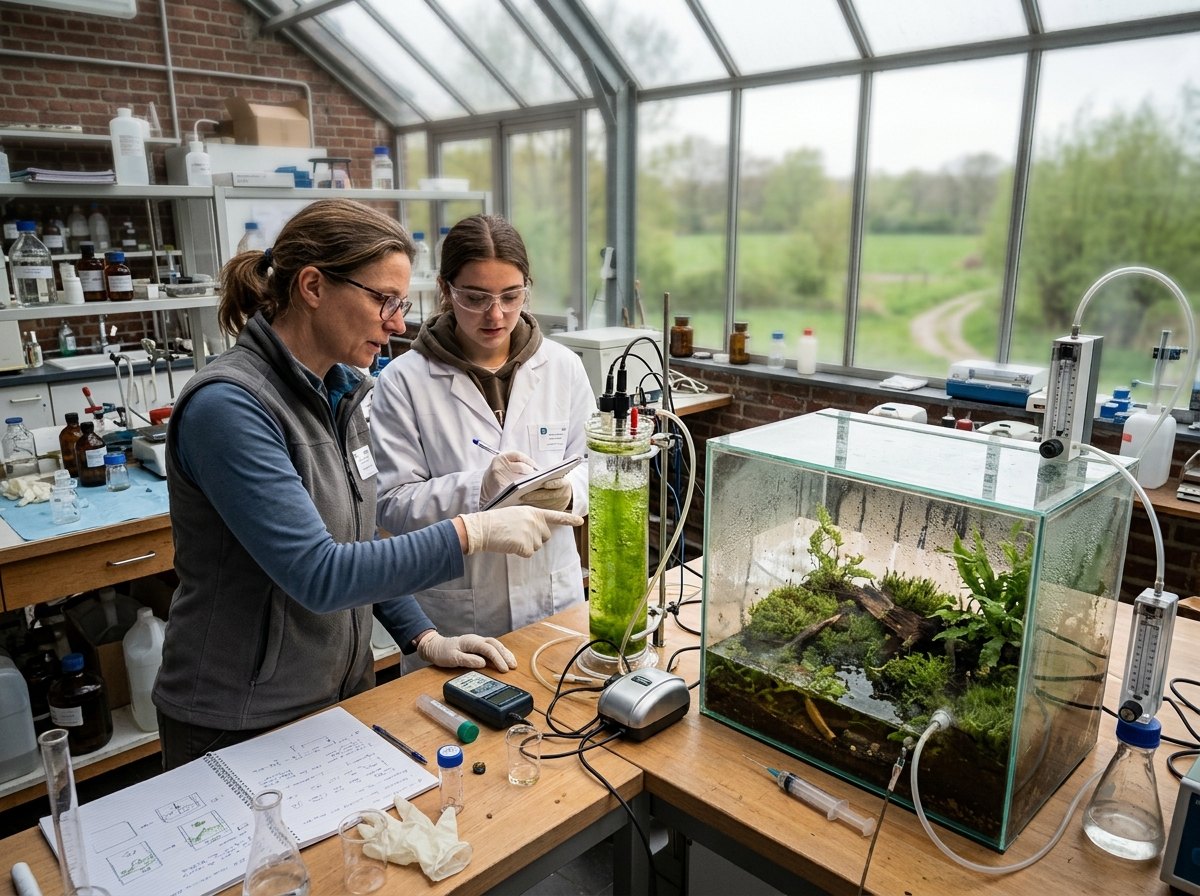 Een ecosysteem heeft levende én niet-levende voorraden; een groene kleur bewijst geen gesloten balans.