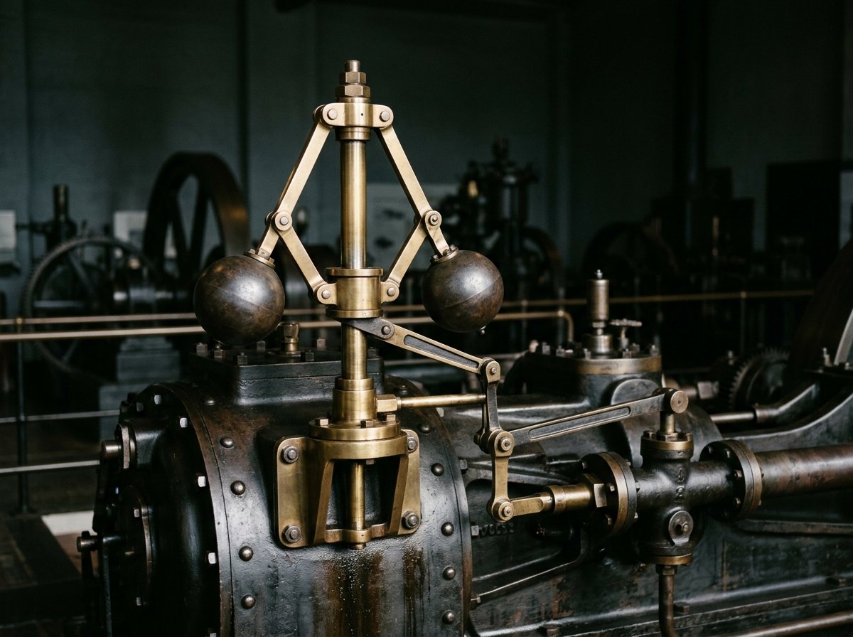 De regulateur van Watt: draait de machine te snel, dan zwaaien de bollen naar buiten en knijpen ze de stoomtoevoer dicht.