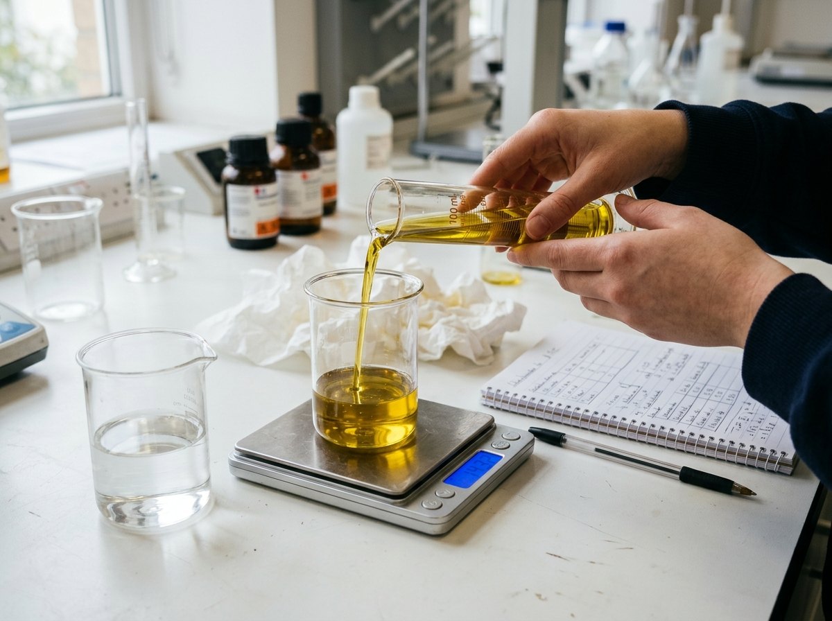 Stap voor stap 20 mL erbij, en telkens de massa aflezen.