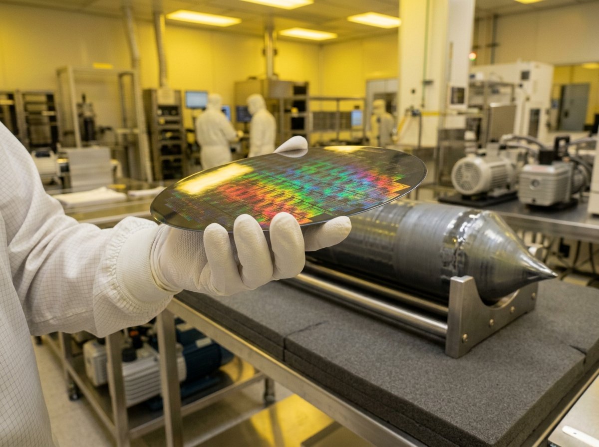 Een wafer van bijna perfect zuiver silicium: de grondstof van elke chip.