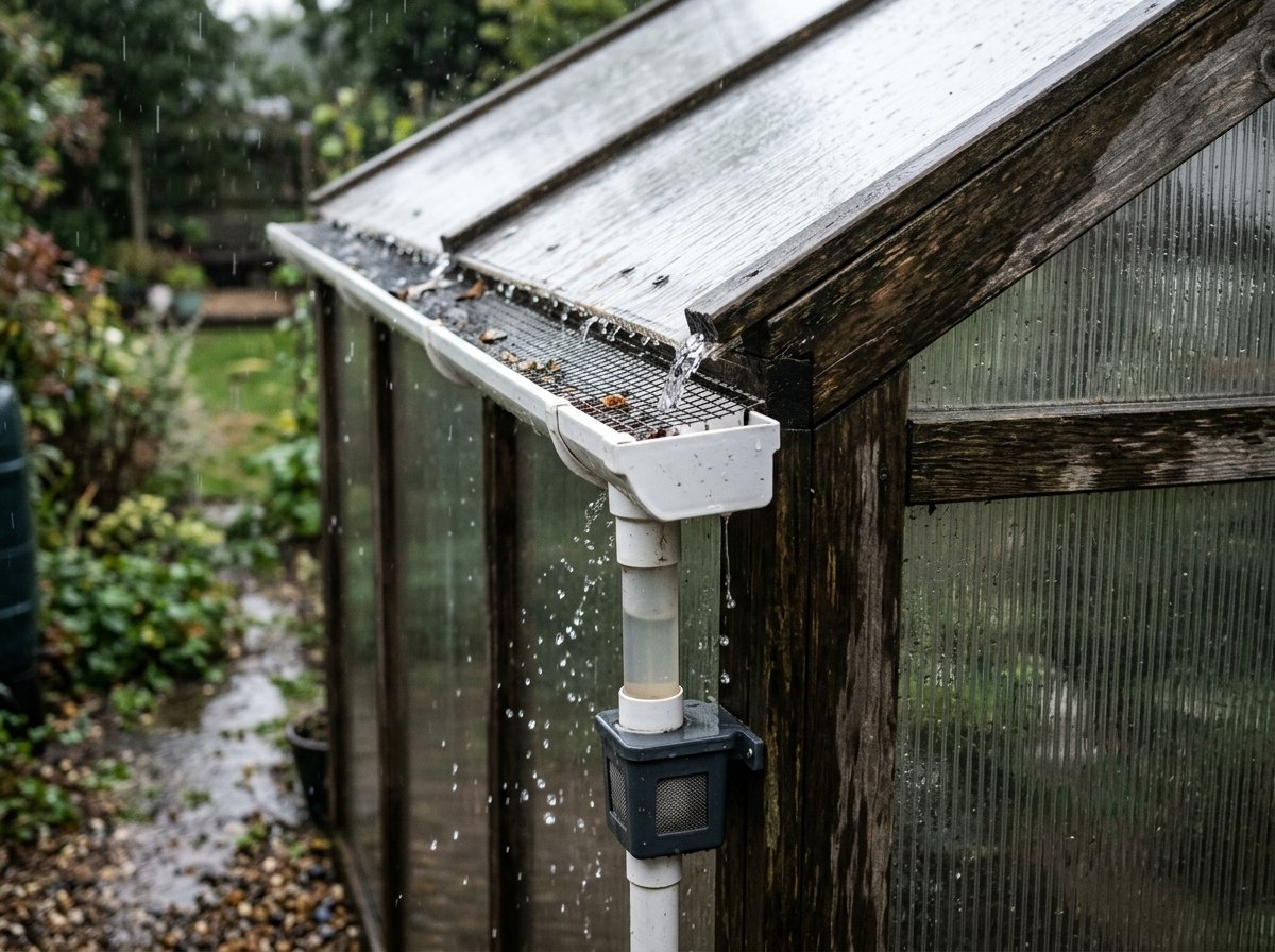 Goot, bladvanger en first flush aan de meetkas: elke millimeter regen is 0,72 L.