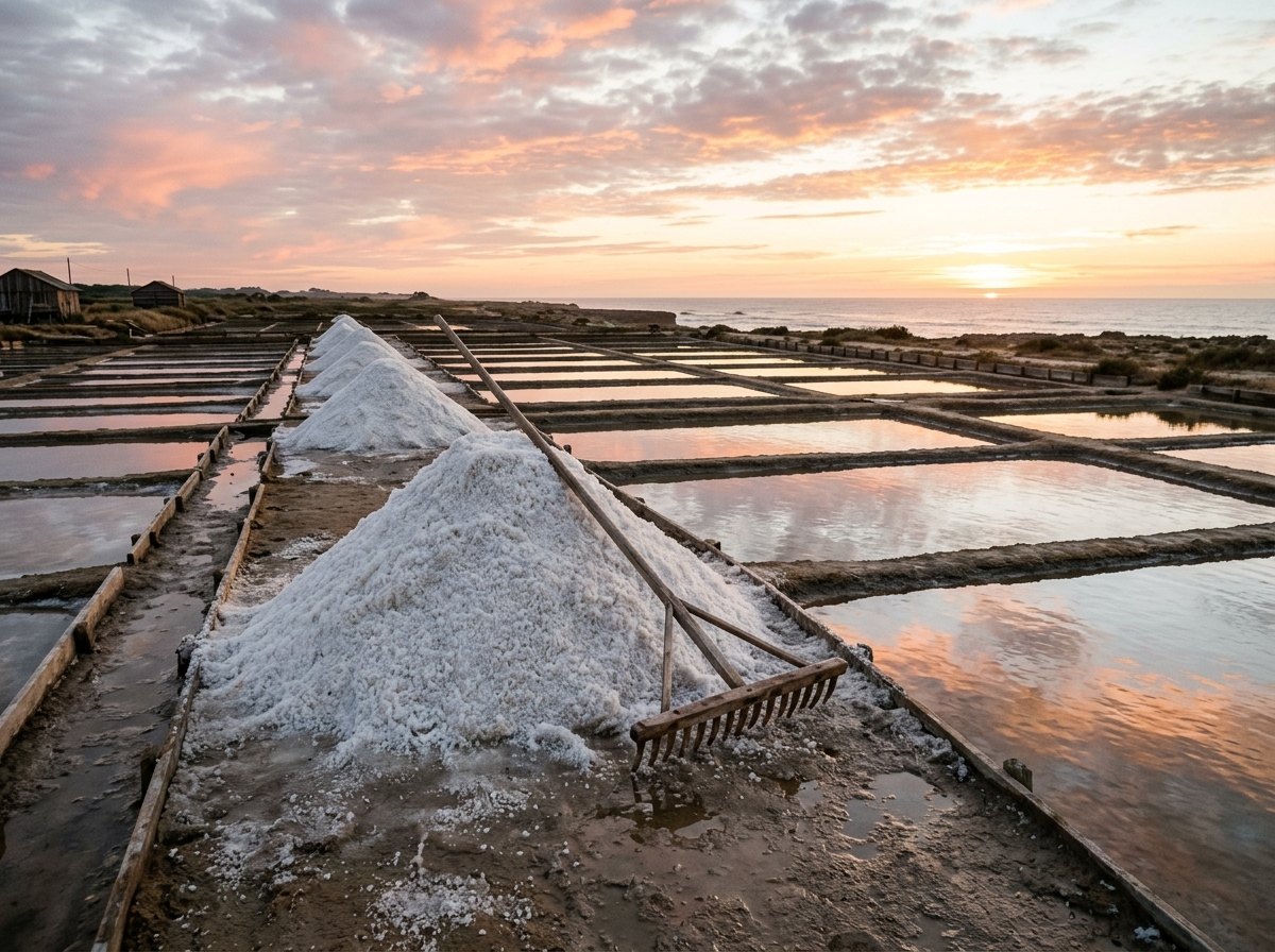 Zoutpannen: zon en wind dampen het zeewater in.