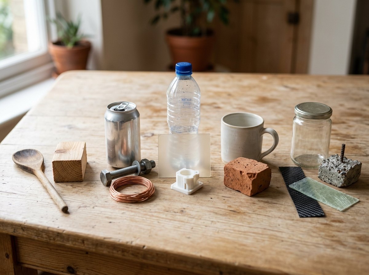 Hout, metalen, kunststoffen, keramiek en glas, composieten.
