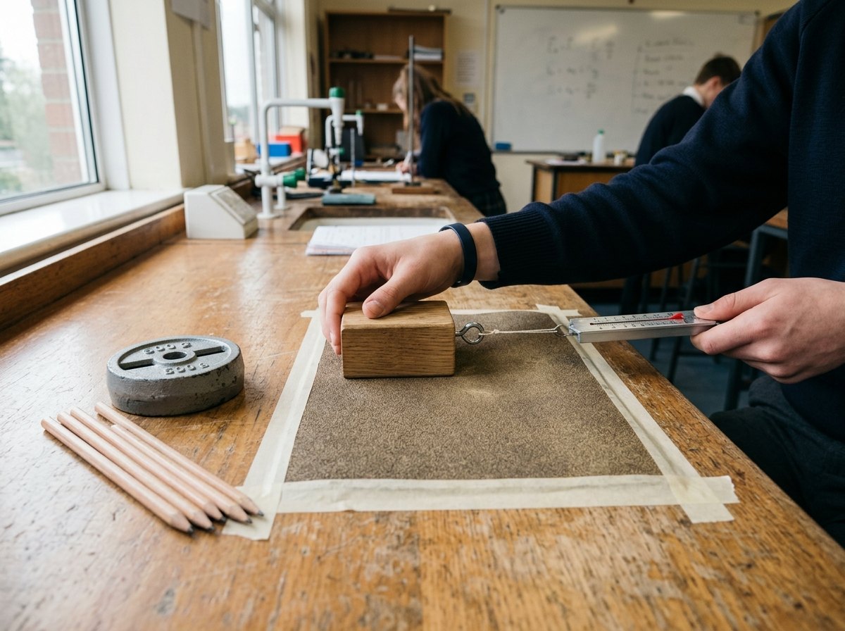 Een blok over schuurpapier trekken: de krachtmeter horizontaal, de snelheid klein en constant.