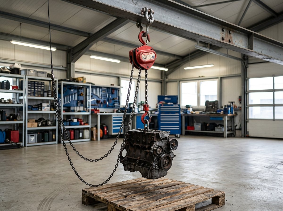 Een kettingtakel: een paar kilo trekkracht aan de handketting tilt een motorblok.