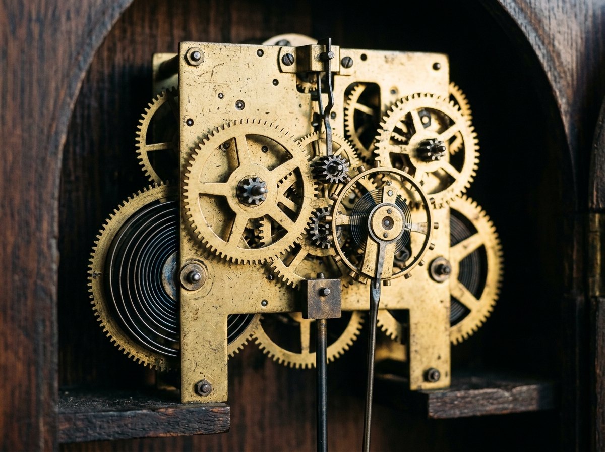 Een uurwerk: tandwielen die de snelle beweging van een veer vertragen tot die van de wijzers.