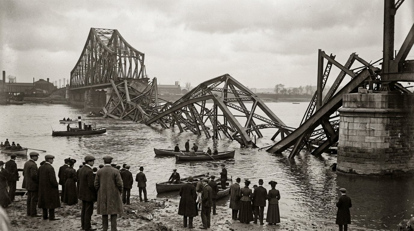 Reconstructie: het wrak van de Quebecbrug na het instorten in 1907.