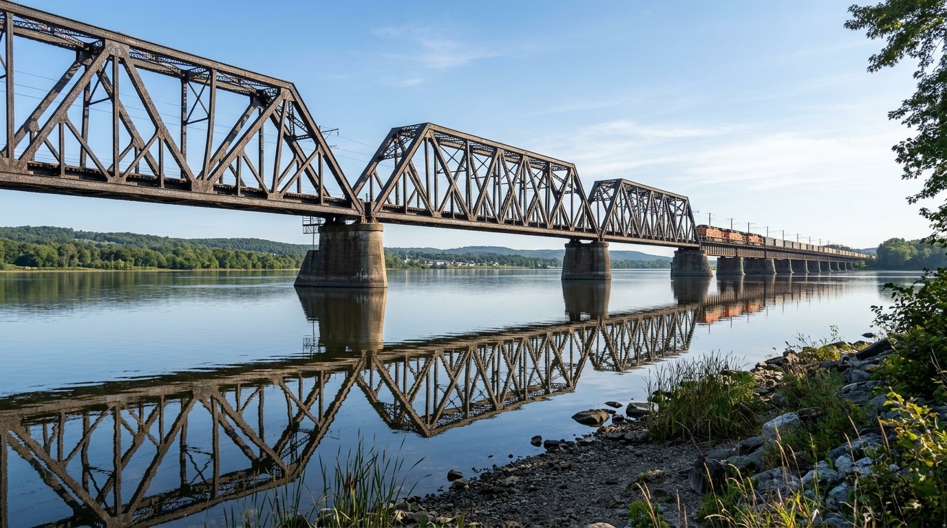 Driehoek na driehoek: een vakwerkbrug draagt een trein met verrassend weinig staal.