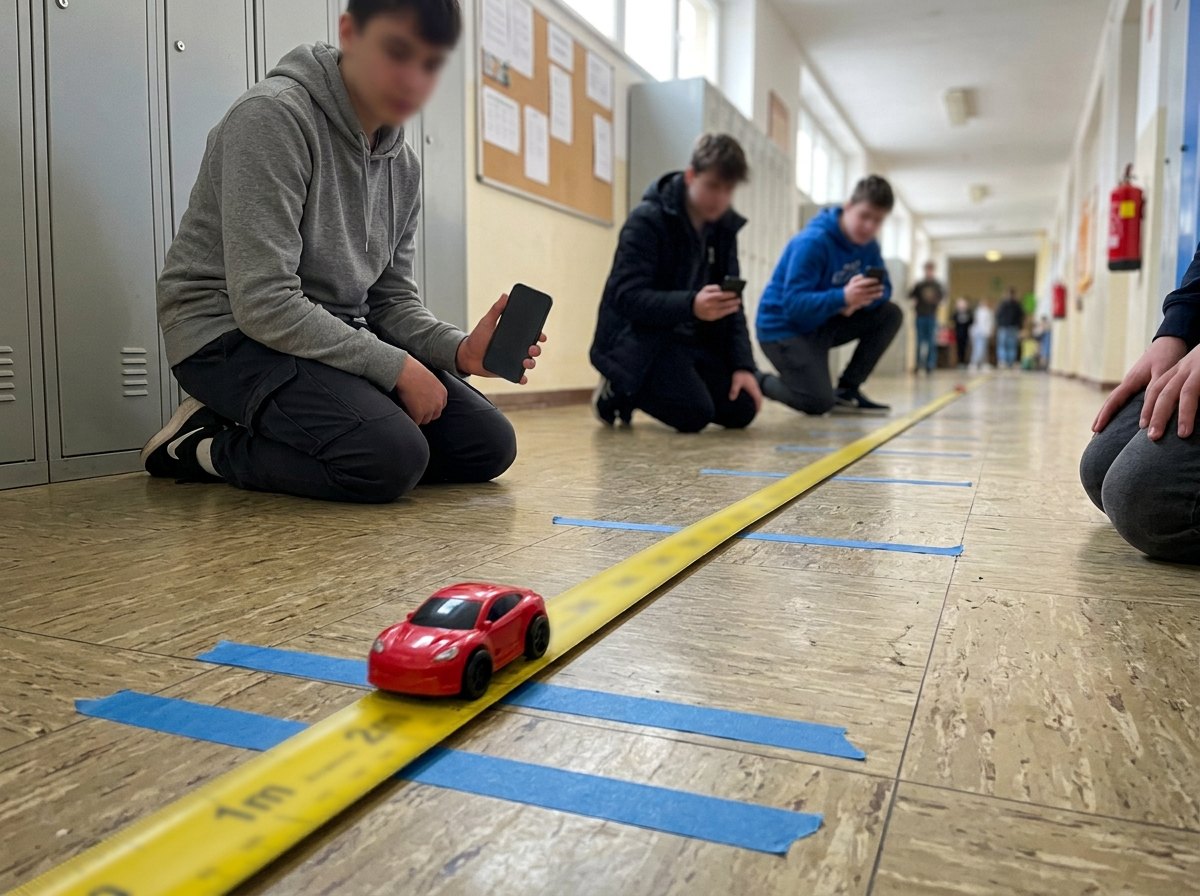 Vijf tijdopnemers, één per meter: een (s,t)-grafiek in één rit.