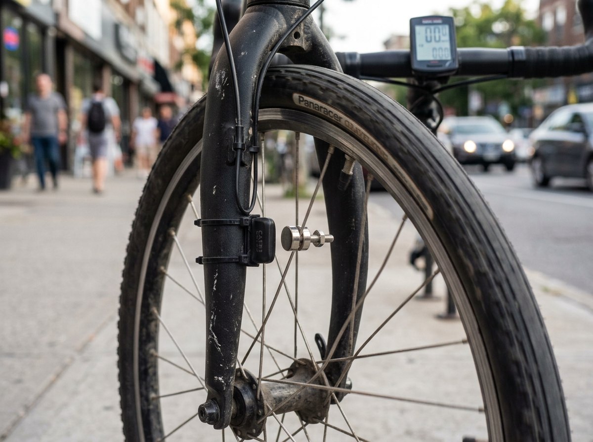 Een fietscomputer telt hoe vaak het magneetje de sensor passeert, en kent de omtrek van het wiel.