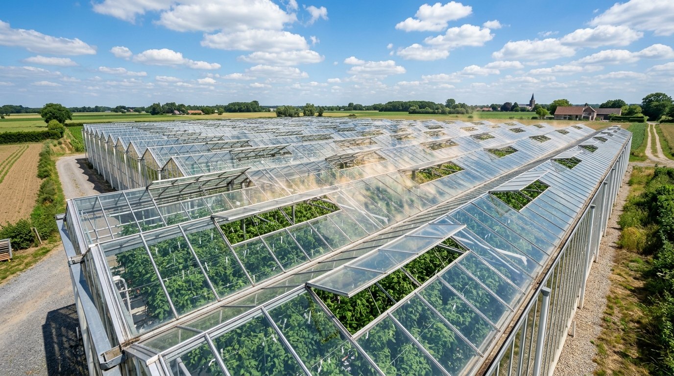 Een glastuinbouwbedrijf zet op warme dagen de luchtramen in de nok open: de warme lucht ontsnapt bovenaan.