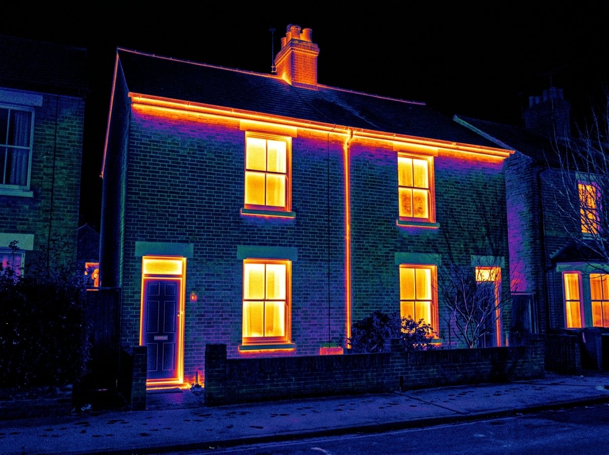 Een warmtebeeld: waar het huis licht kleurt, lekt de warmte weg.