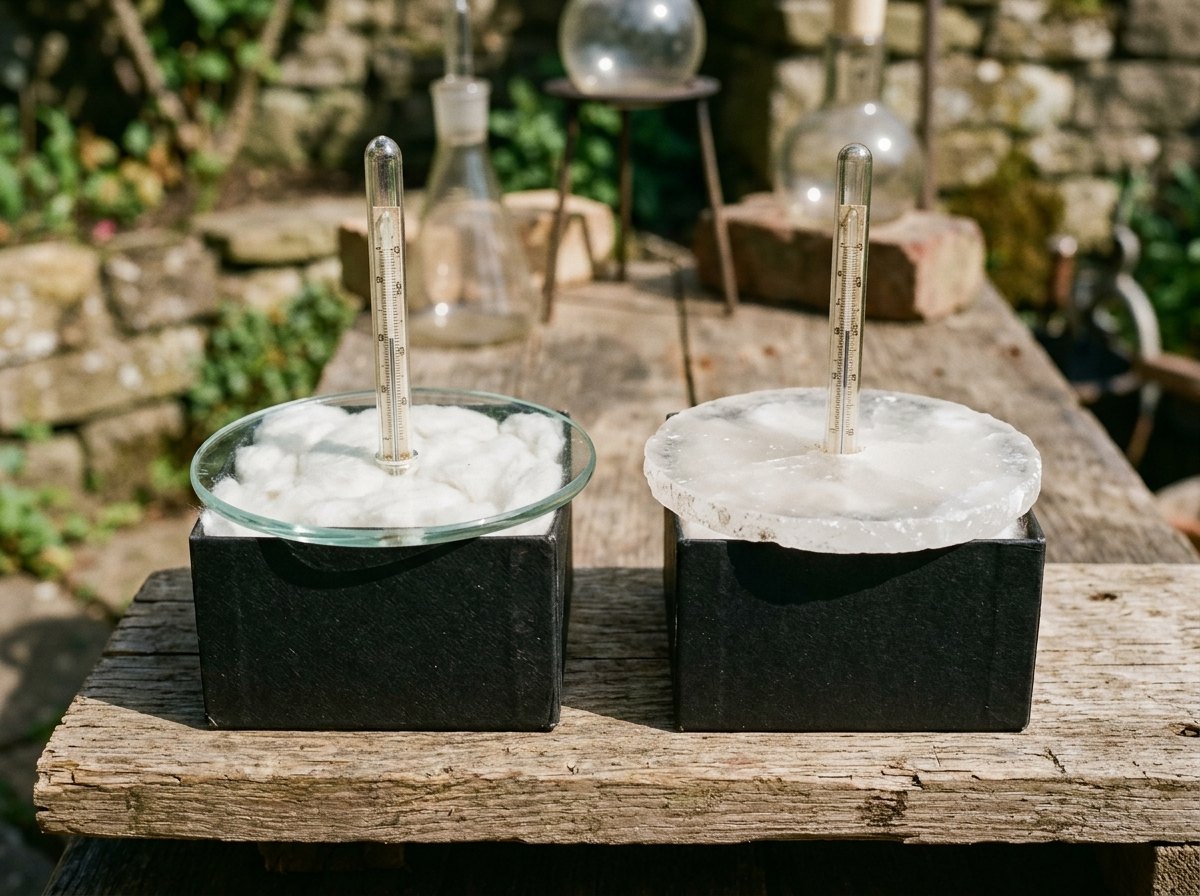 Glas houdt infrarood tegen, steenzout laat het door. Toch werden beide dozen bijna even warm.
