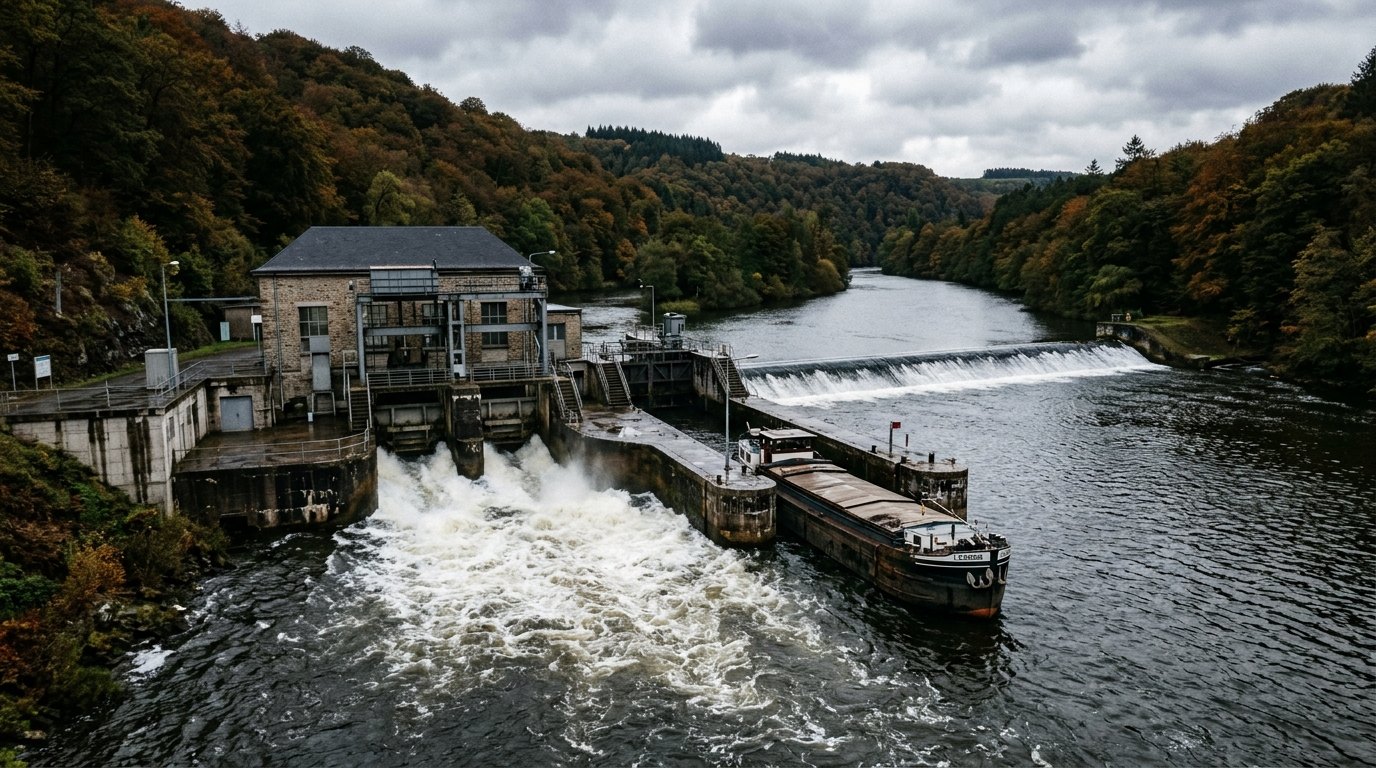 Een kleine waterkrachtcentrale aan een stuw op de Maas: weinig hoogteverschil, maar veel water.