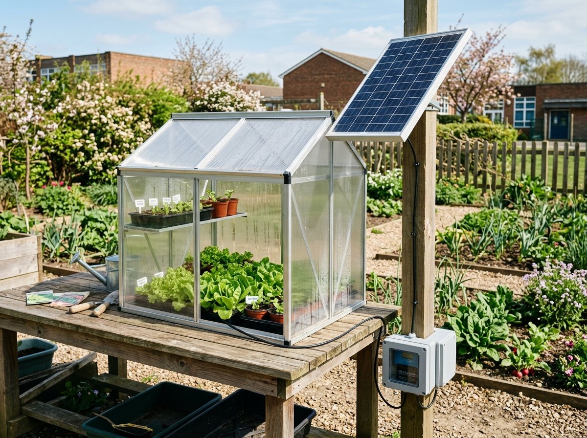 Het paneel staat naast de kas, op een paal: het krijgt de hele dag zon en werpt geen schaduw op de planten.