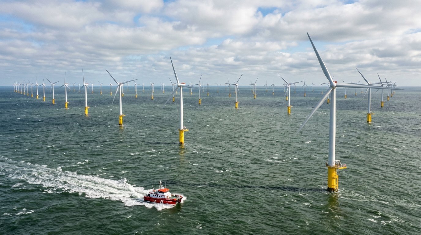 Een windpark op zee: de wind waait er harder en regelmatiger dan op land.