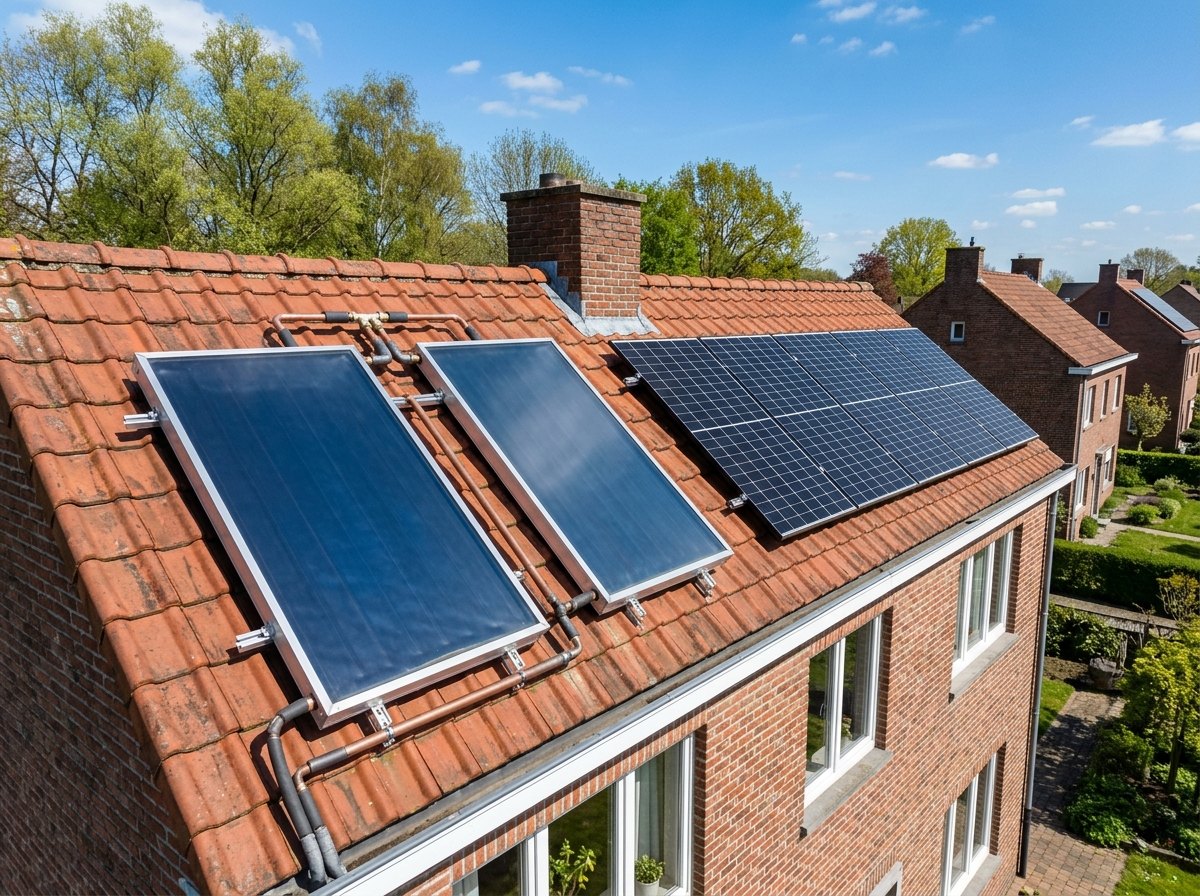 Twee zonnecollectoren (links) naast gewone zonnepanelen: de ene maakt warm water, de andere elektriciteit.