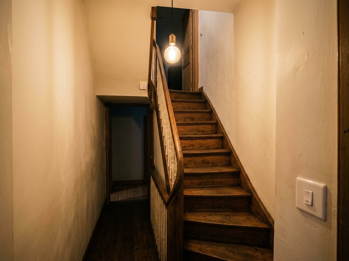 Twee schakelaars, één lamp: onderaan aandoen, bovenaan uitdoen.