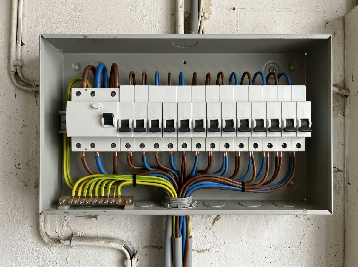 De zekeringkast van een woning: een automaat per kring, plus de differentieelschakelaar.