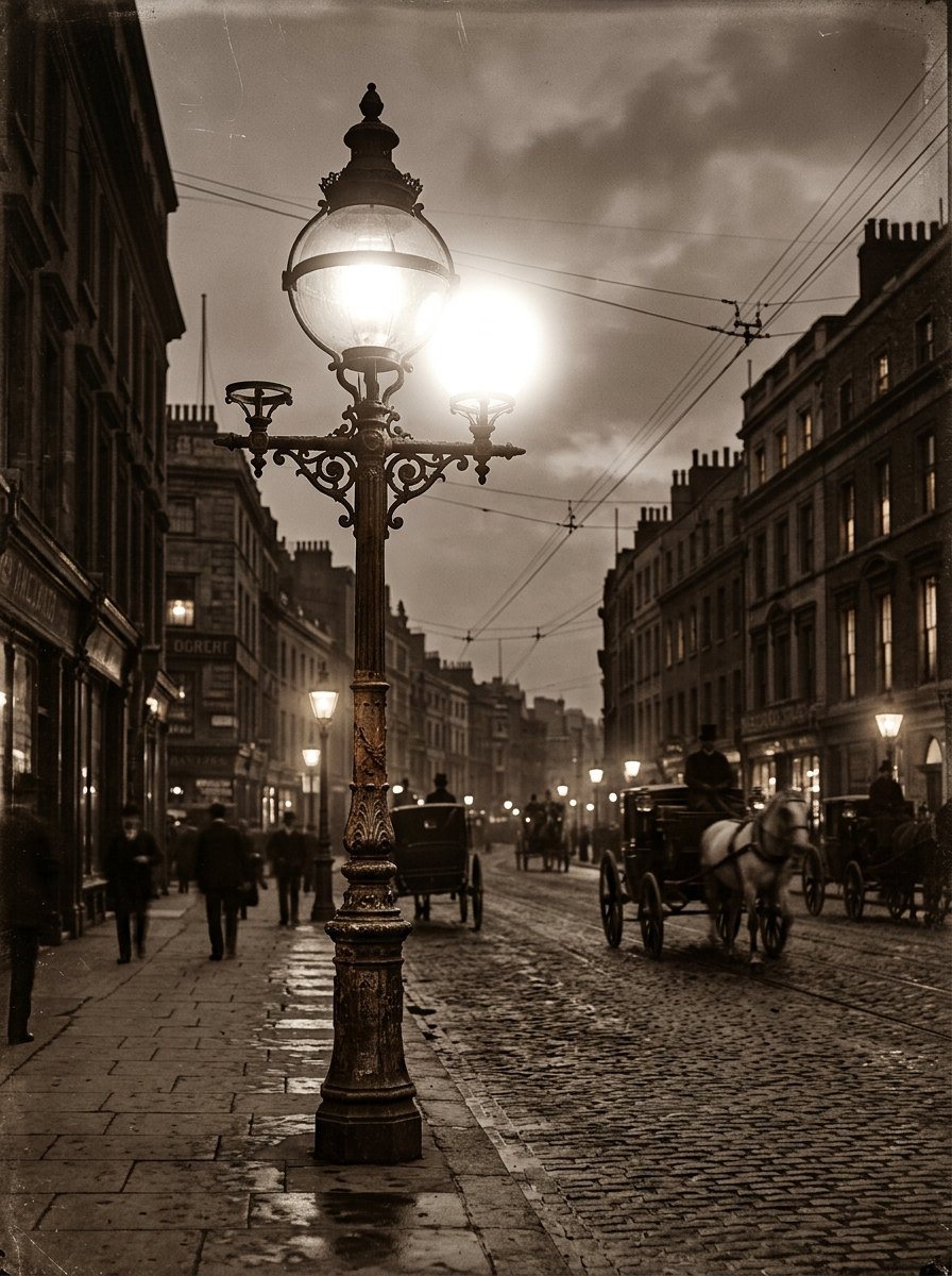 Een booglamp in een straat van rond 1880: fel licht, en alle lampen samen in één lange serie.