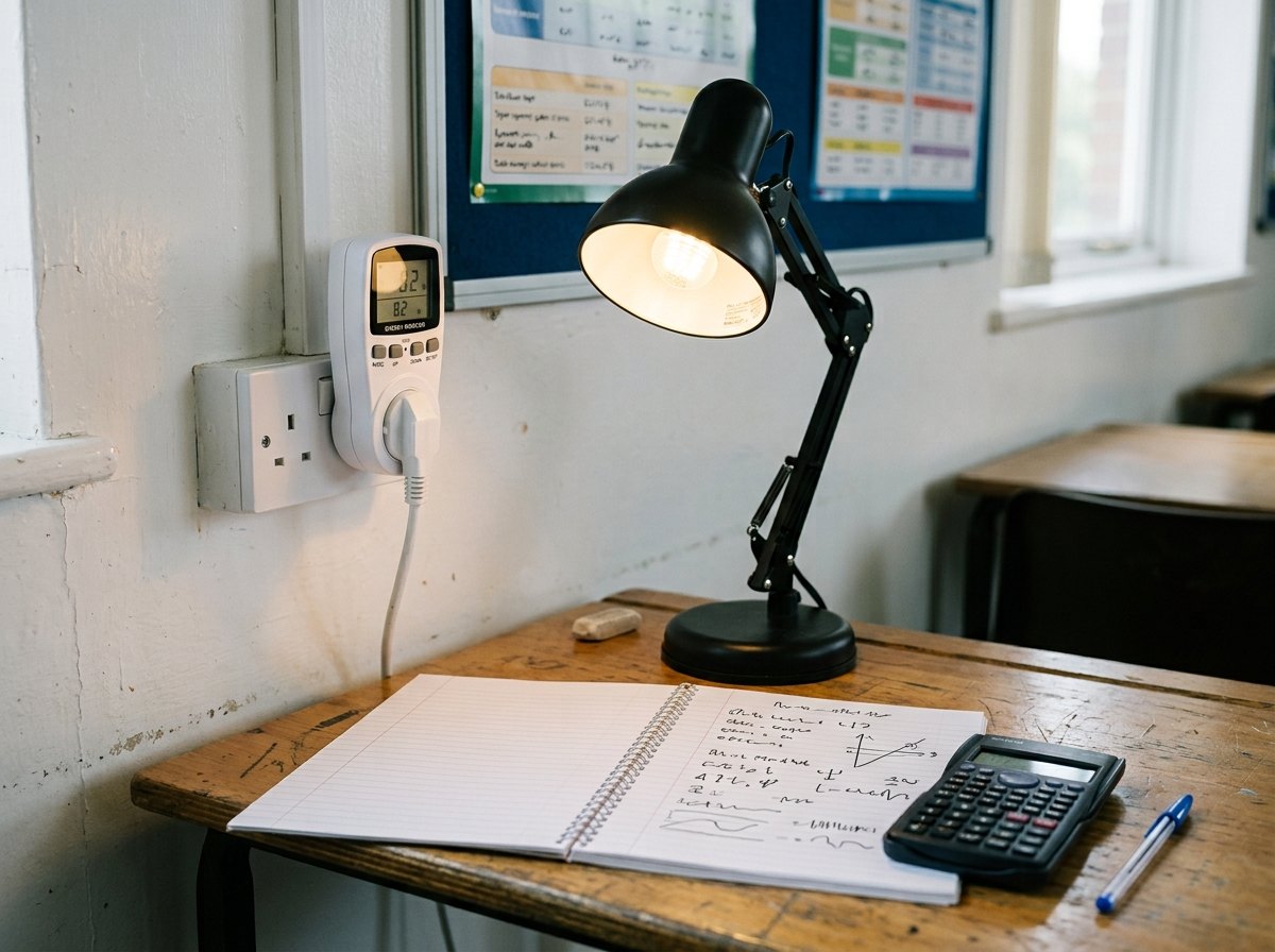 Een energiemeter tussen het stopcontact en de lamp toont het vermogen en telt de kWh.