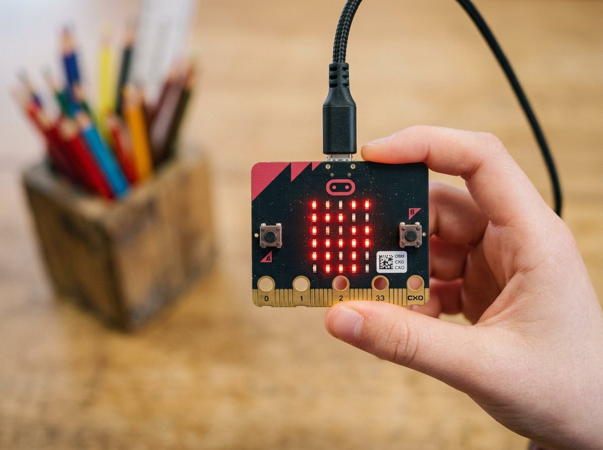 Een micro:bit: een kleine computer die je in blokken programmeert.
