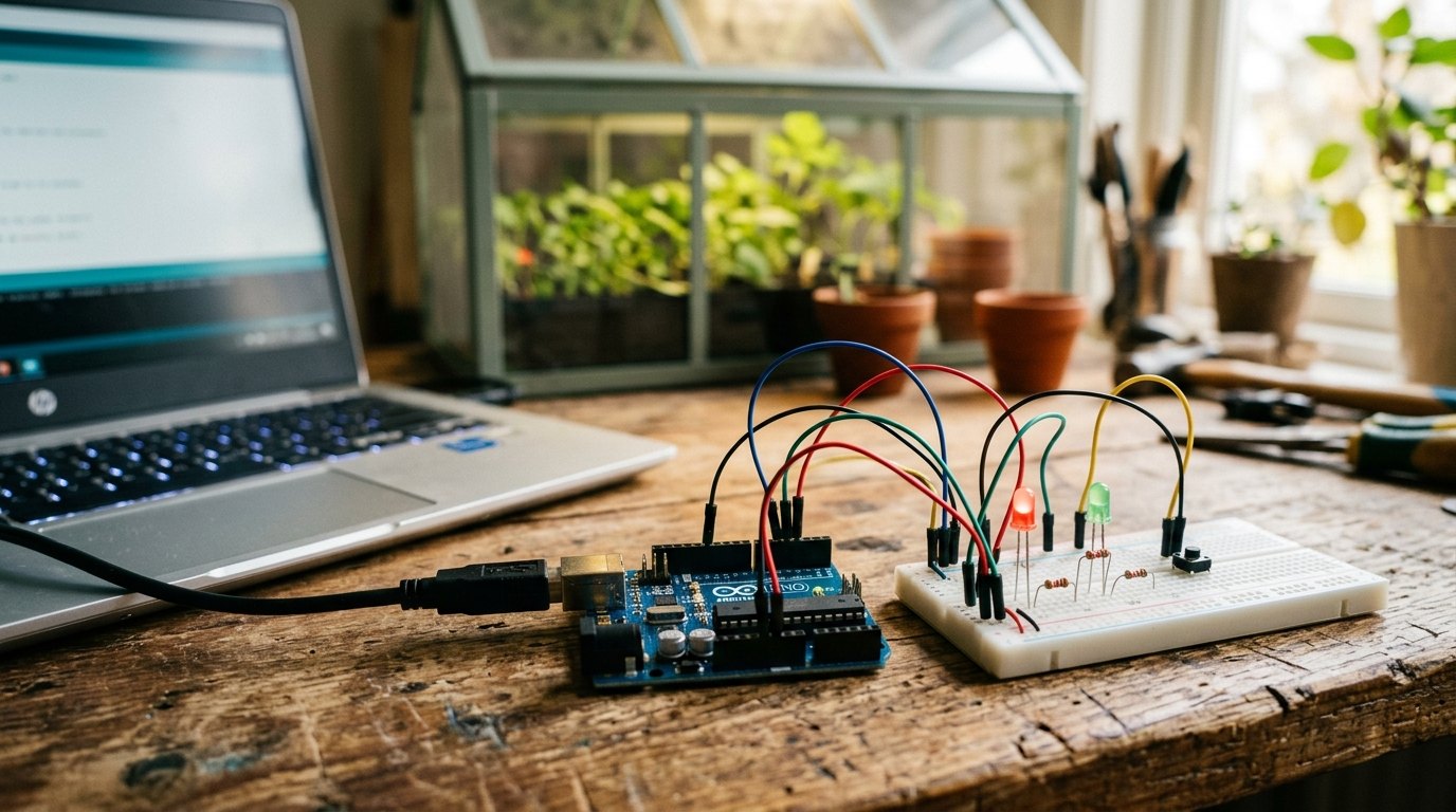 Een Arduino, een breadboard, twee leds en een knop: het begin van de automatische meetkas.