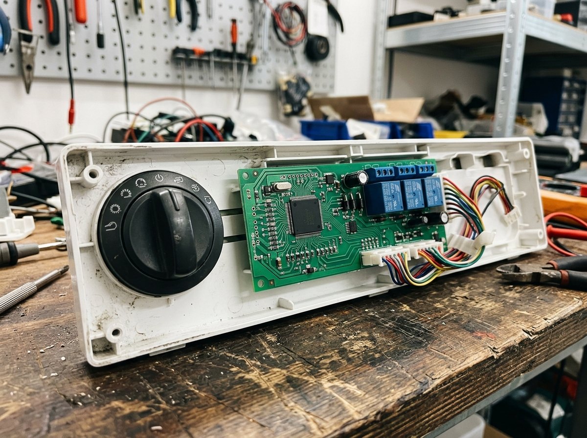 Achter de draaiknop van een wasmachine zit een printplaat met een microcontroller die het programma uitvoert.