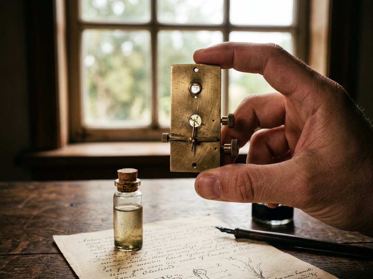 Eén glazen bolletje in een koperen plaatje: zo zag een microscoop van Van Leeuwenhoek eruit.