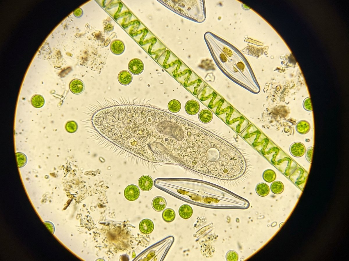 Een druppel slootwater: een pantoffeldiertje, groene algen en kiezelwieren, allemaal eencellig.