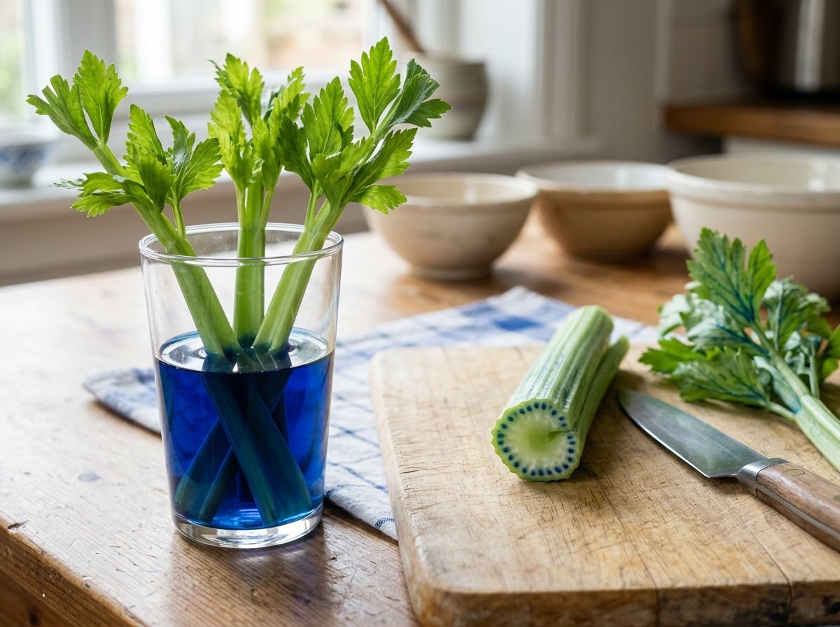 Selderij in blauw water: na een paar uur zie je in de dwarse snede de houtvaten als blauwe stipjes.