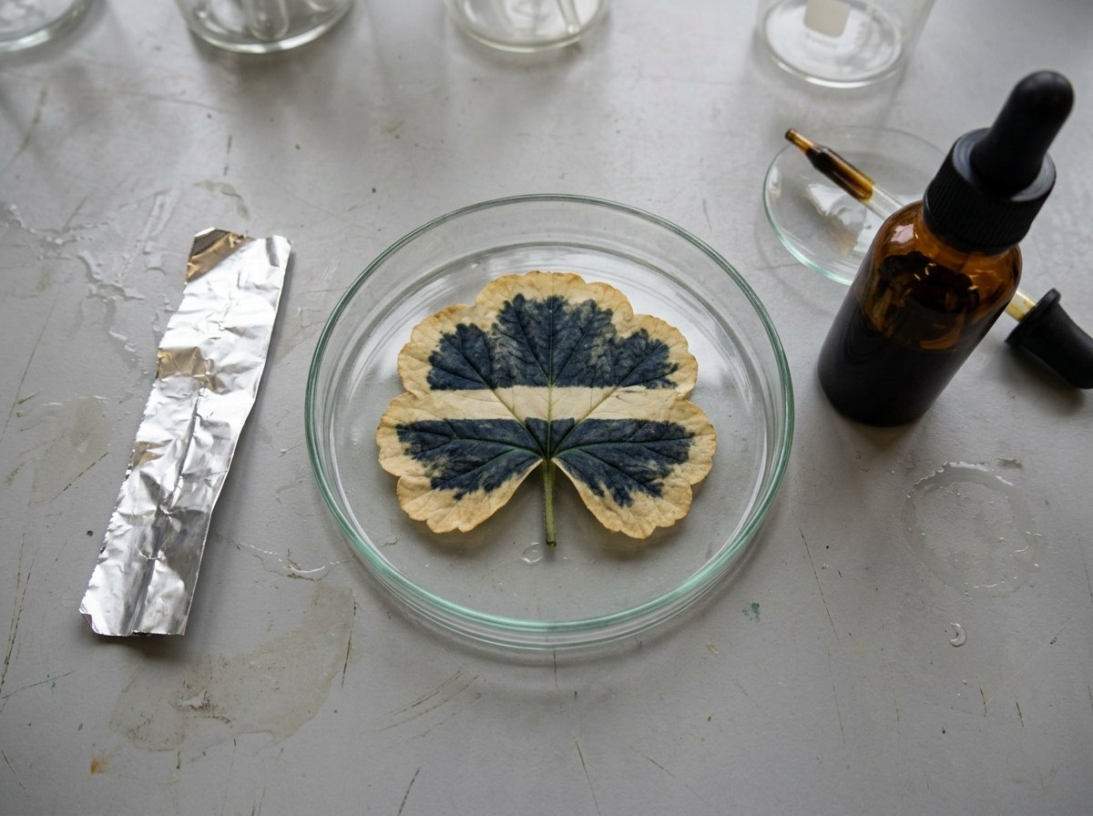 Na de jodiumtest: blauwzwart waar het blad groen was en licht kreeg; licht waar het wit was of onder de folie zat.