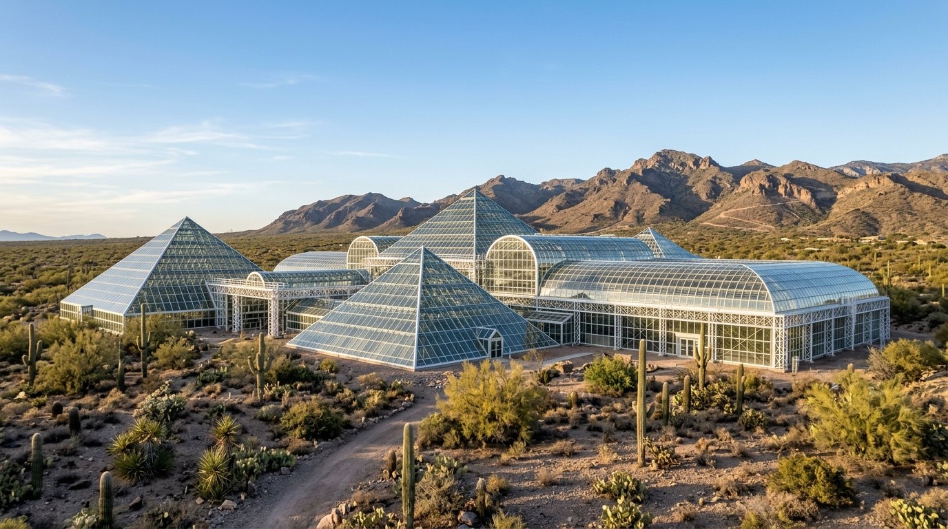 Biosphere 2 in Arizona: een regenwoud, een oceaan en een boerderij onder 1,27 hectare glas.
